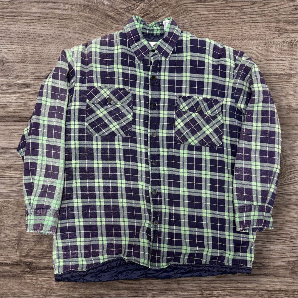 Vintage Lumber Jack Quilted Flannel Large Shirt Jacket Green Navy Plaid Mens